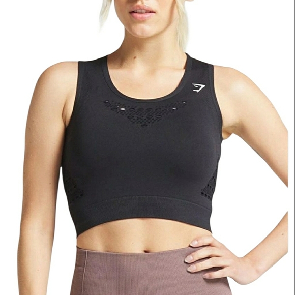 Gymshark Energy Seamless Crop Top Black White Compression Fit Eyelet Detailing - Picture 15 of 16